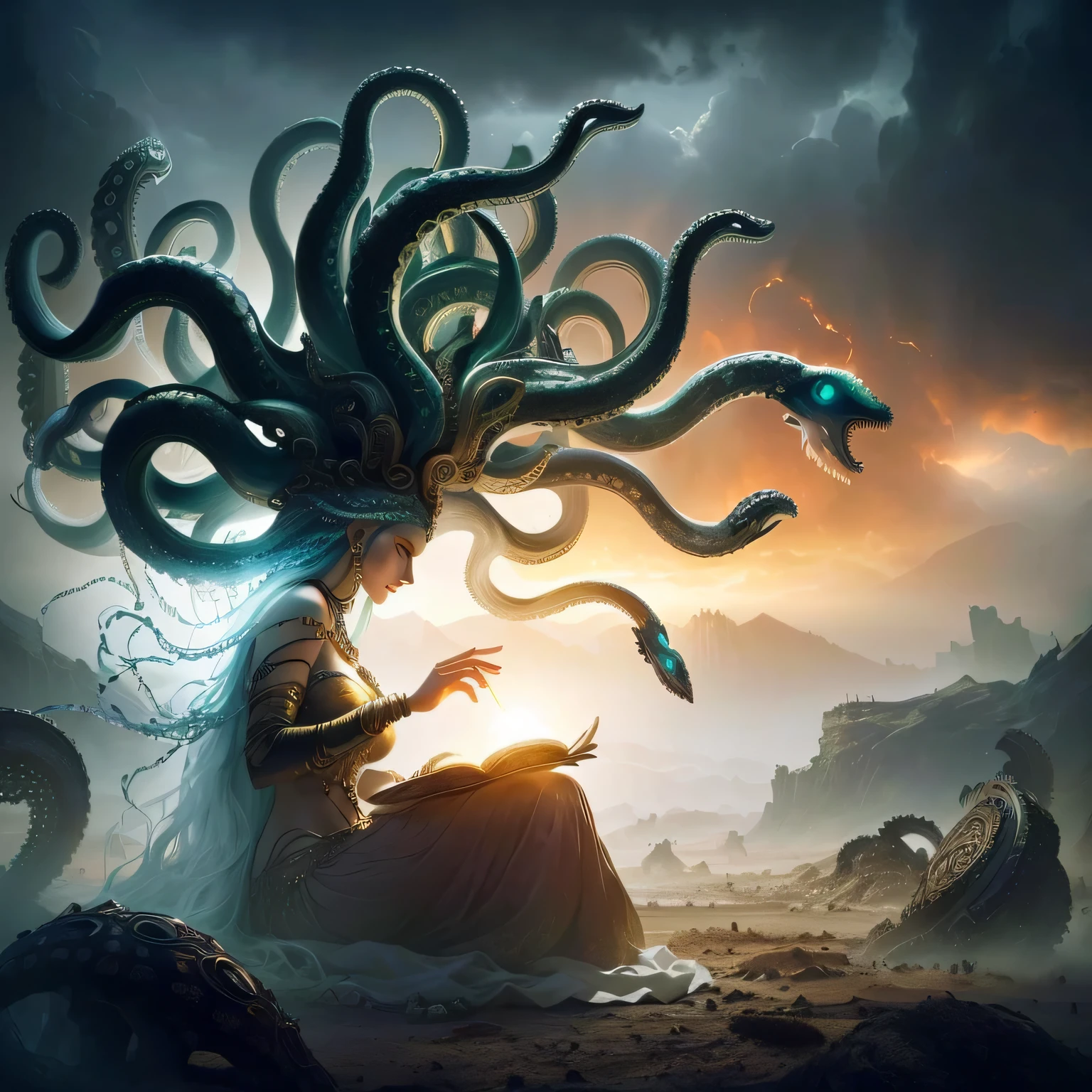 one can reclaim their story,Arabic style image of a woman sitting in the desert holding the head of a giant octopus, Octopus Goddess, Lovecraft inspiration, Qliphoth, eldritch goddess, Lovecraft, portrait of an Octopus Goddess, Beautiful female gorgon, Medusa, Earth Goddess Mythology, very sad Medusa, male Medusa, fierce Medusa, Surrealism and fantasy art, Beautiful octopus woman