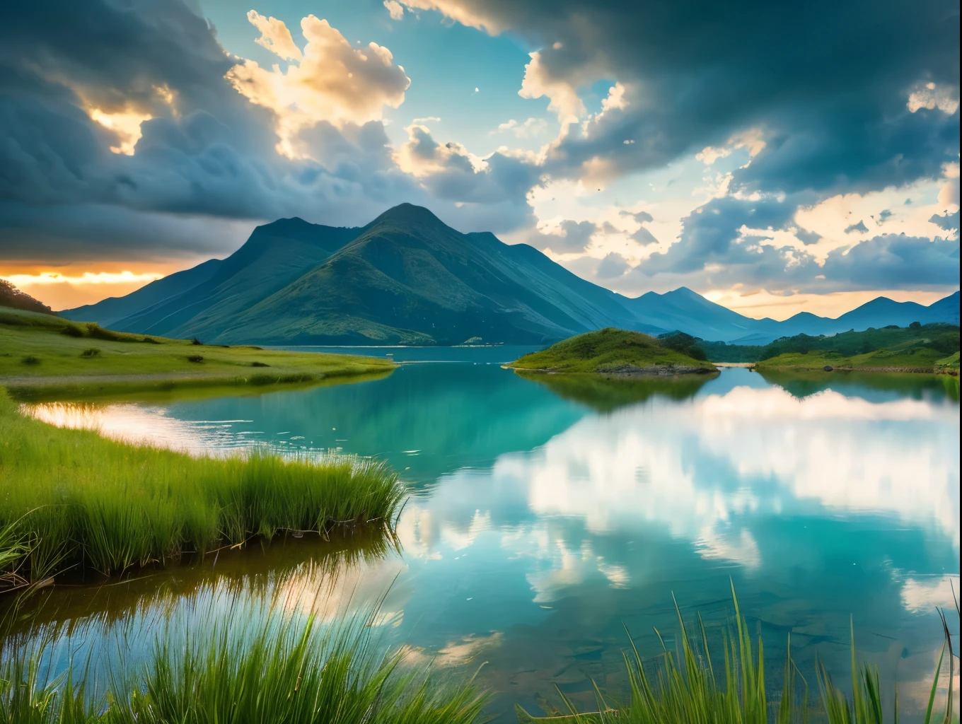 best quality,4k,8k,highres,masterpiece:1.2),ultra-detailed,(realistic,photorealistic,photo-realistic:1.37),beautiful detailed lake,crystal clear water,serene landscape,lush green forest,sunlight glistening on water surface,dramatic cloudy sky,detailed reflections on water,atmospheric lighting,vibrant colors,cinematic composition