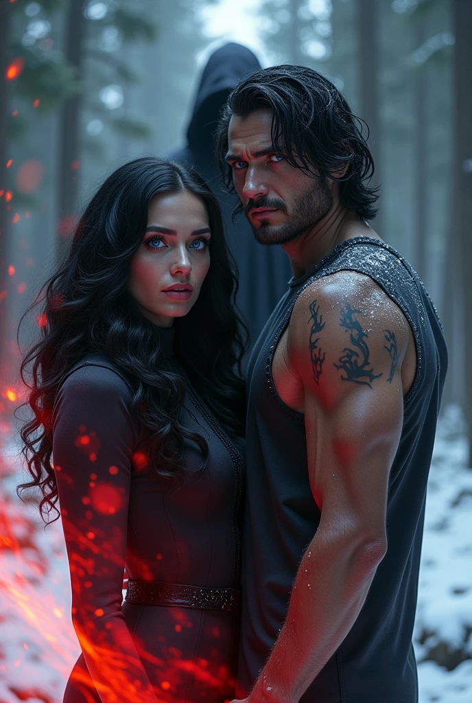 women, long wavy black hair, blue eyes, full lips, black high neck dress, Red energy coming out of it, in a snowy pine forest, man in suit, muscular, medium wavy black hair, blue eyes, with black energy coming out of it, In the background, a hooded man with his face covered, dressed in black