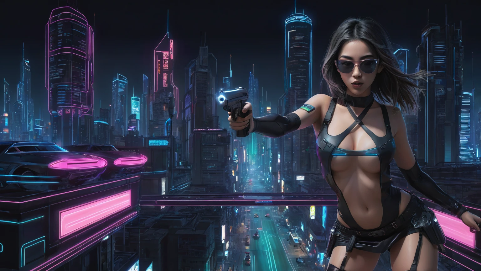 At night, simple outlined cyberpunk city, flying cars, line art background. (1girl, solo), photo realistic, medium-breast:1.3 slim body, cleavage, sling top, miniskirt, black sunglasses, holding a short gun, half-body thigh level medium shot, cinematic lighting, ray tracing.