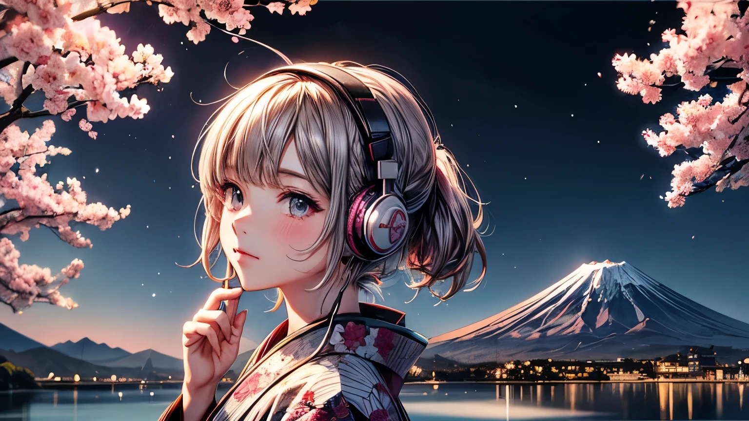 1 beautiful girl, kimono, Mt Fuji and sakura background, at lakeside, (headphones, wearing headphones), Ukiyo-e style, Starry Sky,