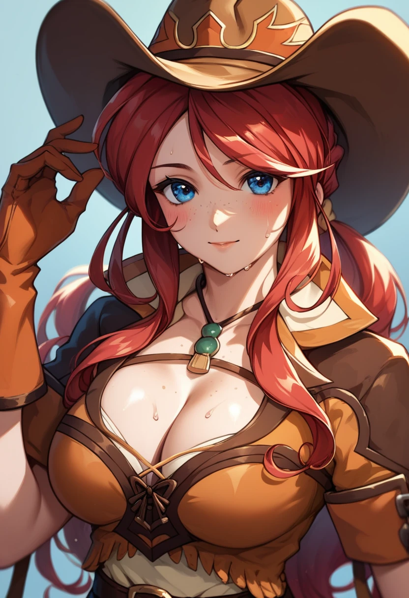 score_9, score_8_up, score_7_up, very aesthetic, source_anime, detailed, high quality, beautiful, masterpiece, detailed eyes,
(Simple dark background), blurry background,
cowboy shot, upper body, (aroused facial expression), blush, sweat, facing the viewer, looking at the viewer, close-up,
gemini sunrise, red hair, long hair, blue eyes, freckles, sidelocks, big breasts, cleavage,
belt, thigh strap, cowboy hat, cowboy boots, fringe trim, gloves, miniskirt, zPDXL