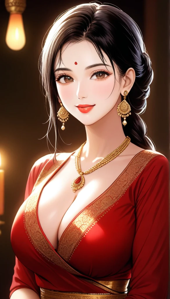 (1woman, mature, single wet hair braid, plunging neckline silk desi dress , long kundan earrings, detailed alluring eyes, smooth detailed lips, beautiful face, smiling, red lipstick, bangles, saggy breasts, photorealistic, 8k, hyperdetailed, vibrant colors, studio lighting, masterpiece, cinematic composition, dramatic lighting, intricate details, highly realistic skin textures, volumetric lighting, beautiful intricate jewelry, warm color palette, natural lighting, elegant pose, beautiful detailed expression, hyper realistic rendering, seamless blending, flawless skin, glowing skin, delicate features, breathtaking realism, striking composition),tall , necklace, bangles ,full body view, cleavage , mehendi, seductive pose,
