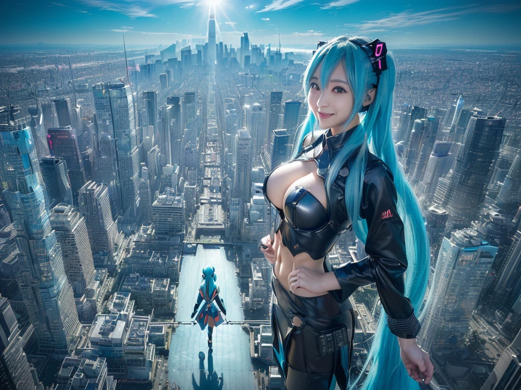 ((Description of Super Giant、8k、Realistic、Hatsune Miku、Cosplay、Japanese women、Cosplayイヤー、Large Breasts、smile、巨大Cosplayイヤー、巨大Hatsune Miku、非常に詳細なDescription of Super Giant、Much larger than a skyscraper、A very very small big city, Miniature metropolis, 靴の高さしかないMiniature metropolisで、Full body description、Walking from afar、top view、Delicate and huge depiction)), ((Clone avatar depiction、8k、Realistic、Hatsune Miku、Cosplay、Japanese women、Cosplayイヤー、Large Breasts、smile、Highly detailed clone art、(hatsune miku one girl clones, 1 girl is cloned)、100 people、Hatsune Mikuの群衆、congestion、後ろに数百人のHatsune Miku集団、Delicate depiction of an alter-ego))