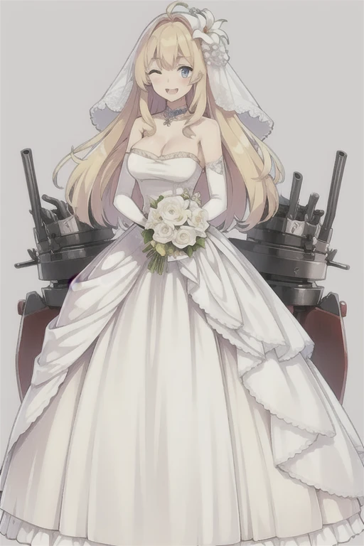 konggo \(warship girls r\),((Best quality))), ((Best quality))), ((Ultra-detailed)), ((illustration)), ((Disheveled hair)), ((frilld)), (1 girl), (Solo),1girl, ;d, ahoge, bangs, bare shoulders, blonde hair, blue eyes, blush, bouquet, breasts, cannon, cleavage, dress, earrings, elbow gloves, eyebrows visible through hair, flower, full body, gloves, hair flower, hair ornament, holding, holding bouquet, jewelry, large breasts, lily \(flower\), long hair, looking at viewer, machinery, one eye closed, open mouth, simple background, smile, solo, standing, strapless, strapless dress, veil, wedding dress, white dress, white flower, white gloves