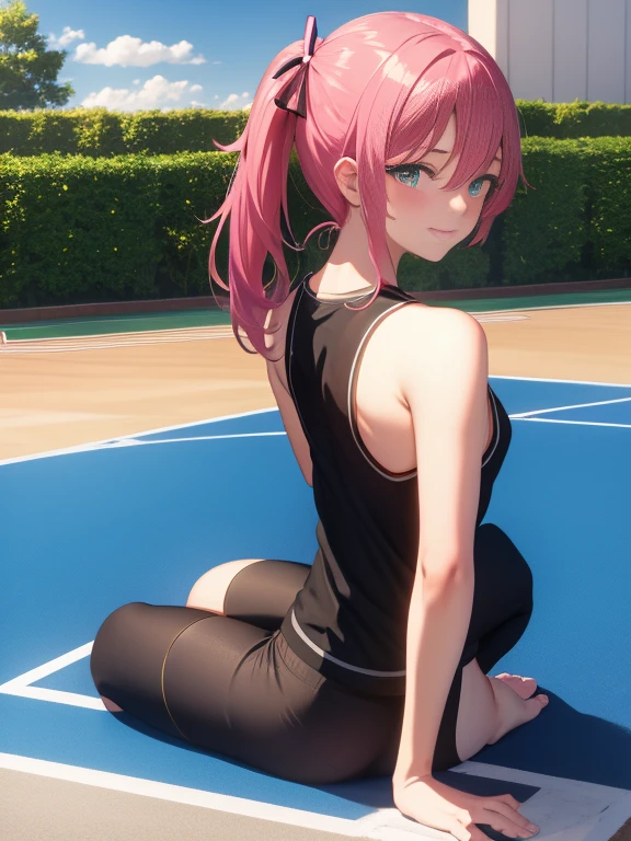 National Foundation, Outdoor, Tennis court, sunlight, Shadow, masterpiece, Great illustrations, Highest quality, Particles of light, Very detailed, 8k wallpaper, (Vibrant colors:1.2), (girl), look back,Laugh shyly,blush, Laugh shyly, Gaze lovingly,Mid-chest, Black Hair, Messy Hair, Medium length hair, ponytail, Pink Ribbon, Shiny Hair, Glowing Skin, Cute Face, (Pink tennis uniform), Bottomless, Nipples,
Take a shower、naked