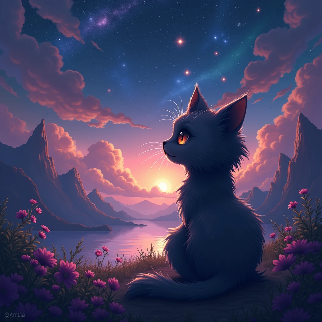 a cat, space, nebura, looking at viewer,