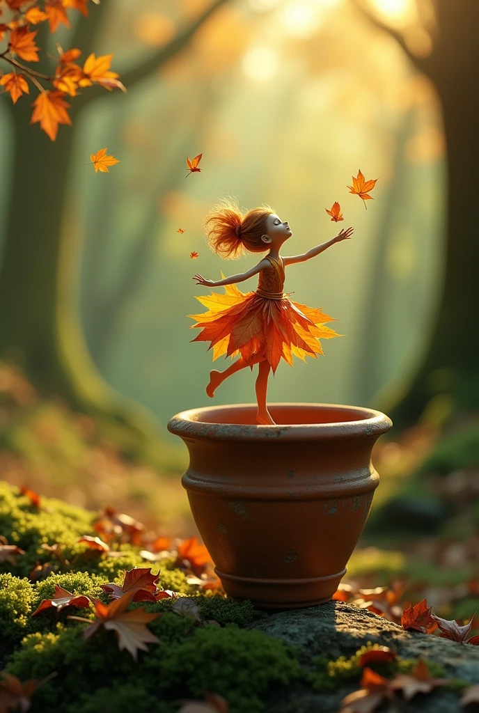 A whimsical miniature figure composed of delicately arranged autumn Shoes laies, poised in a carefree dance on the rim of a weathered, moss-covered terracotta pot, set against a lush, vibrant forest backdrop, where dappled sunlight filters through the canopy above, casting intricate shadows. The overall aesthetic is ethereal, with warm, earthy tones of sienna, umber, and olive green, infused with hints of emerald and golden light, evoking a sense of wonder and enchantment, as if plucked from a fantastical realm.