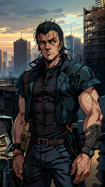 (Teens:1male: ss1), (extremely detailed CG unit 8k wallpaper),(master part), (best quality), (ultra detail), (best illustration),(post-apocalypic_fashion), cowboy shot, (Sharp eyeliner, ombre, detailed eyes:1), post- apocalypic abandoned building background, ,break , (HNKstyle), upper body,