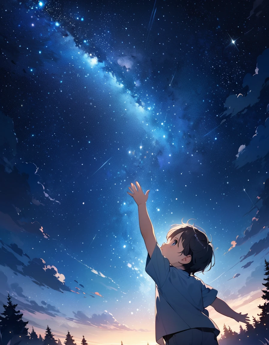 Beautiful image of a child raising his hand to the sky trying to reach the starry sky on a beautiful night.