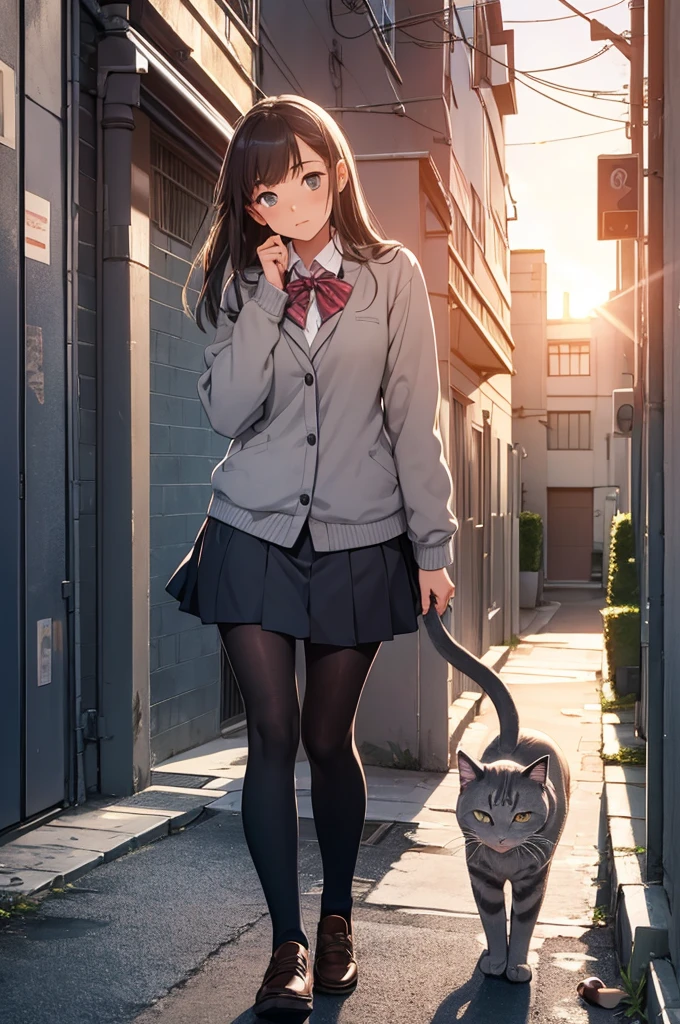 girl in school uniform touching a grey cat, alleyway, sunset, close up