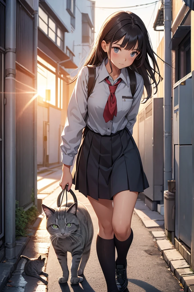 girl in school uniform touching a grey cat, alleyway, sunset, close up