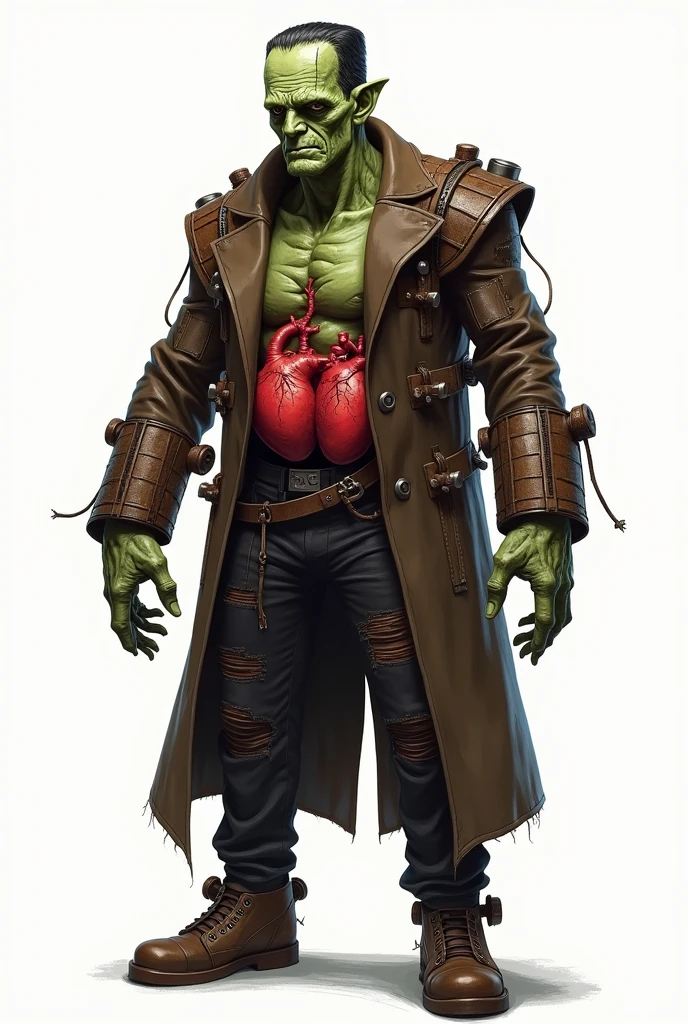 drawning, bright coloured, Frankenstein's monster, baldie, greenish wrinkled skin, wearing a brown overcoat with torn sleeves, ripped black pants, boots with iron piece details, rusty iron parts throughout the body, two adapted spokes on the back, glass exposing two hearts on the belly, suture marks on forehead and arms, white background, fully body