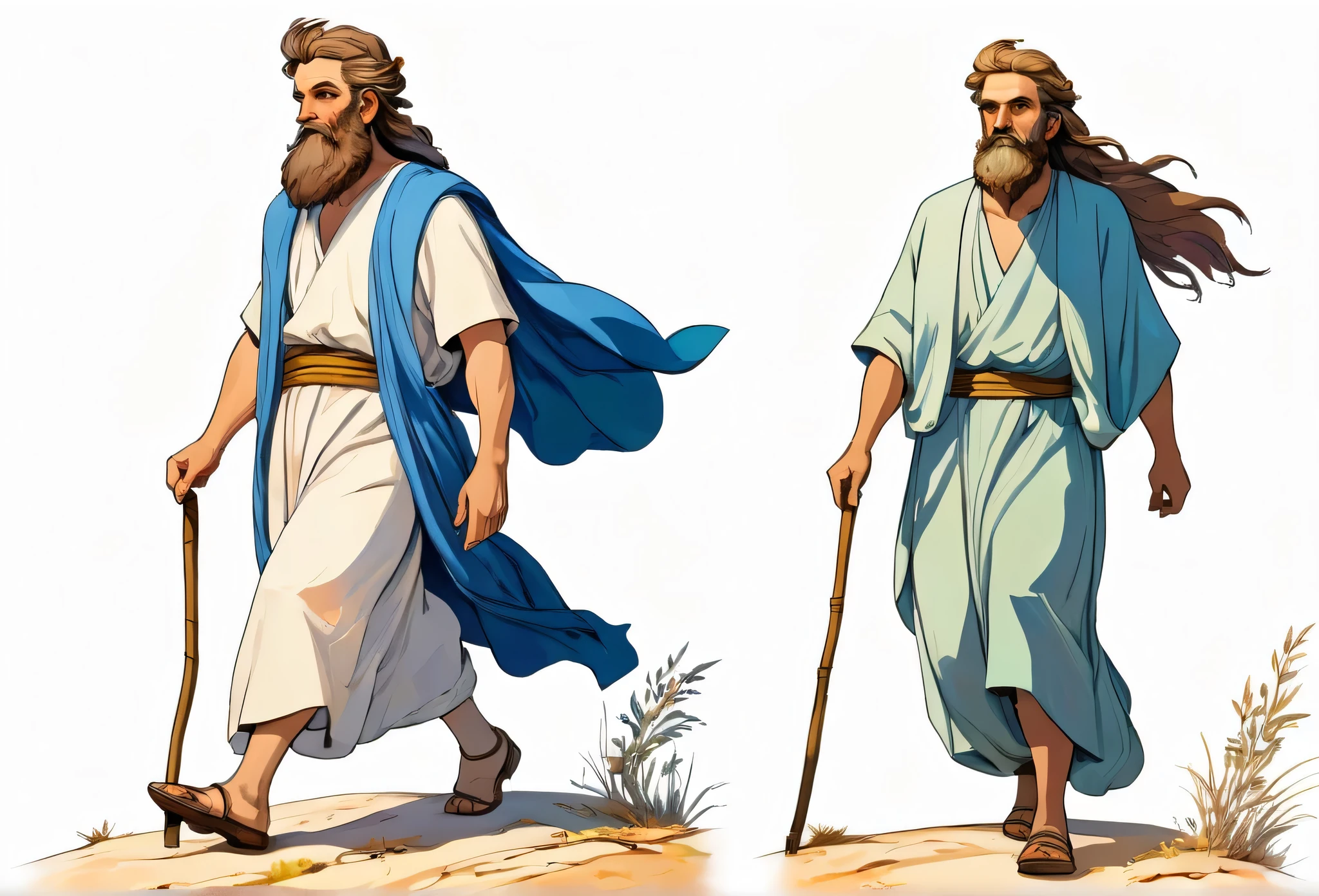  bible story, Abraham walking, character design. Front view and side view. White background 
 (masterpiece best quality:1.2) delicate illustration ultra-detailed, illustrations, bright, colourful, 