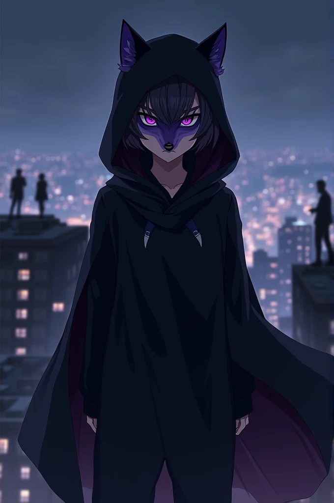 anime character, adolescent, serious face shaped with dark and purple wolf mask , using hood and cape, with black people on top of buildings at night