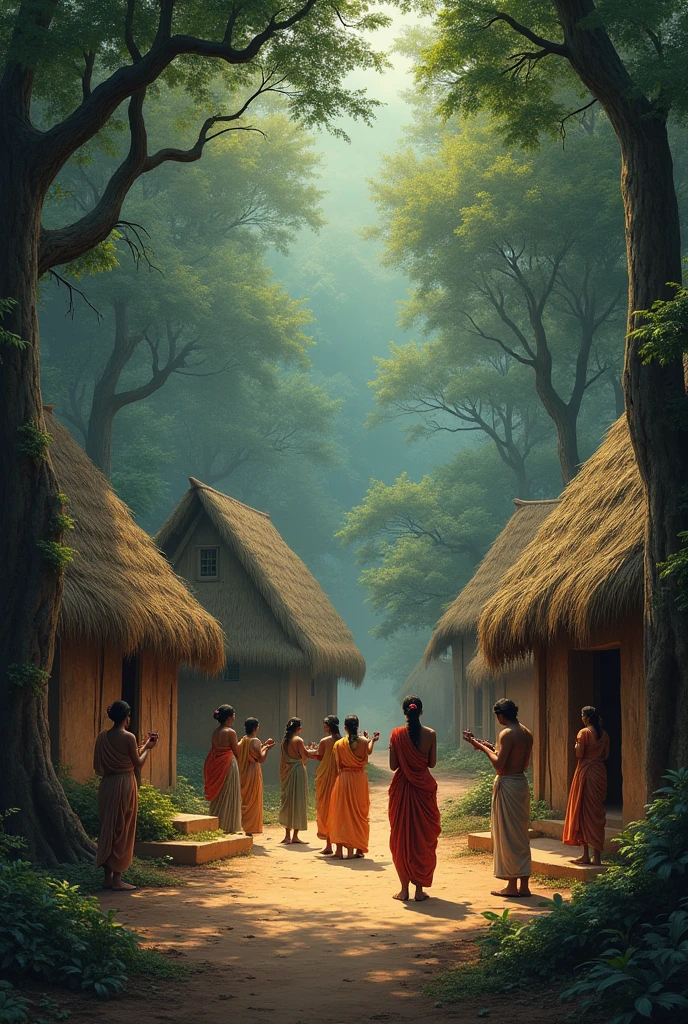 Create a picture of Indian village with houses covered with dense forest. All women, mens, children, old people of the village are performing ritual where they are offering special objects to their dead ancestors