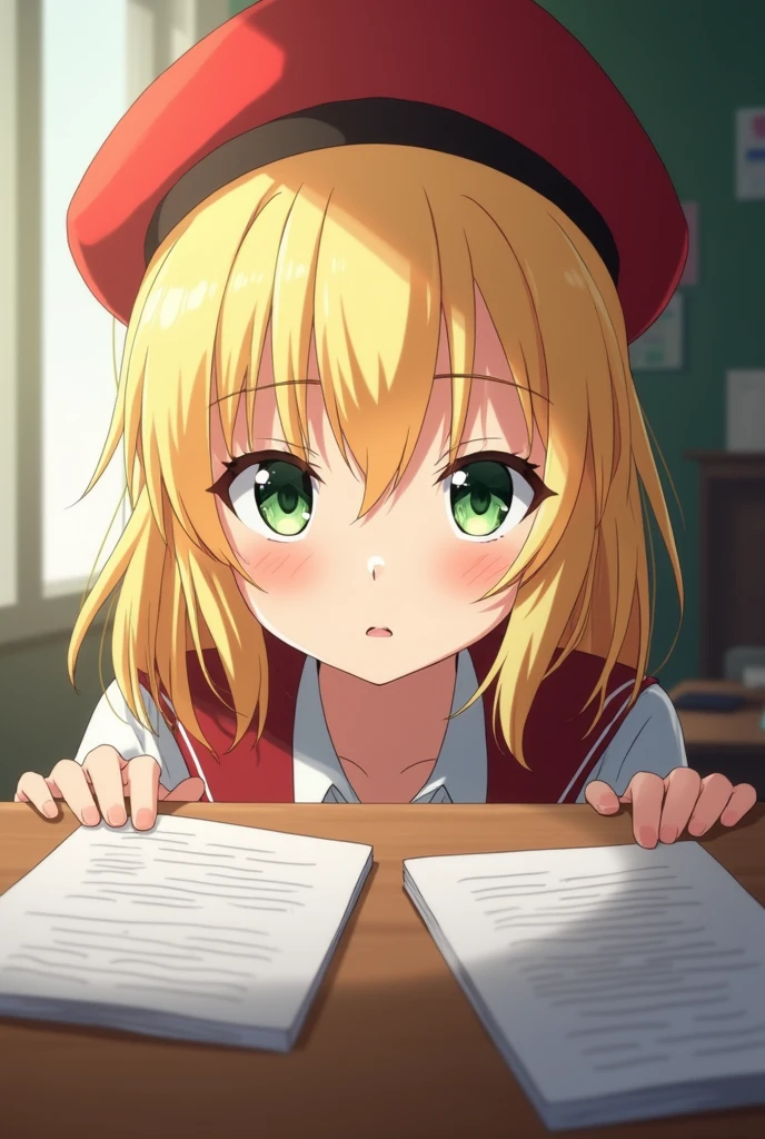Shigure Ui peers at me from the other side of the desk, her head above the head.。
Shigure Uito is a 16-year-old blonde with green eyes.。
Wearing a red hat and uniform。