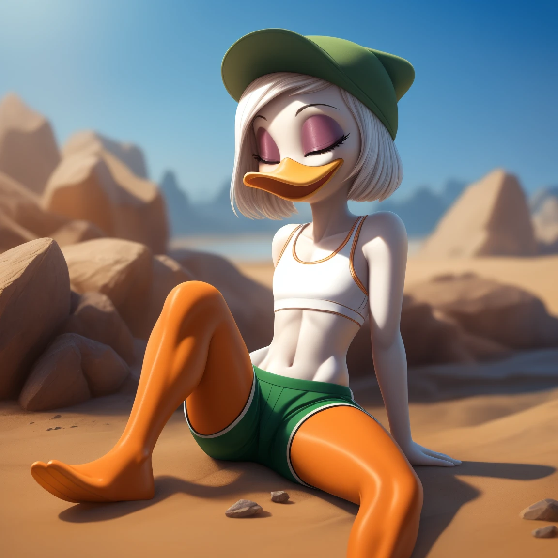 photorealism, adult female duck, Jade Duck, detailed background, outside, eyeshadow, cartoon duck beak, long front white hair, cartoon, (flat chested), (orange legs: 1.5), smiling, happy, ducktales 2017, mouth closed, cartoon webbed feet, solo 1.2, (mouth closed), cartoon webbed feet
wear green sports bra, skinny green shorts, intricate, detailed, wears green cap hat, (sitting while showing her torso)
Eyes closed, detailed, intricate, (detailed long skinny torso 2.0),
Best quality, (detailed white skin:1.6), (looking at the, 8k hd, (soft cinematic light:1.1) ,