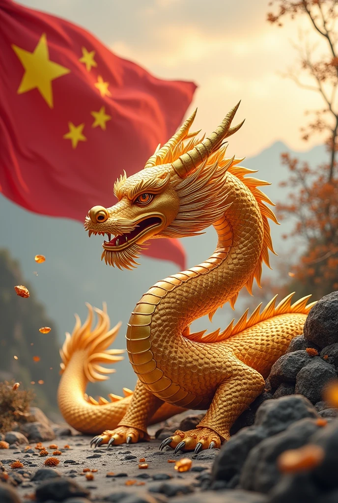 Chinese style golden dragon,Dragon on the ground,see diamond crystal,golden chain,,background chinese style,Mountains and rivers,dragon huge,background flag waving,The flag writes the letters NT