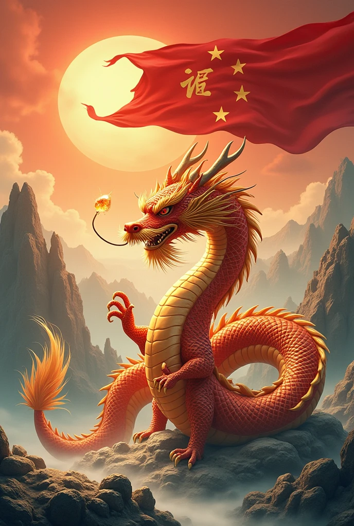 Chinese style golden dragon,Dragon on the ground,see diamond crystal,golden chain,,background chinese style,Mountains and rivers,dragon huge,background flag waving,The flag writes the letters NT