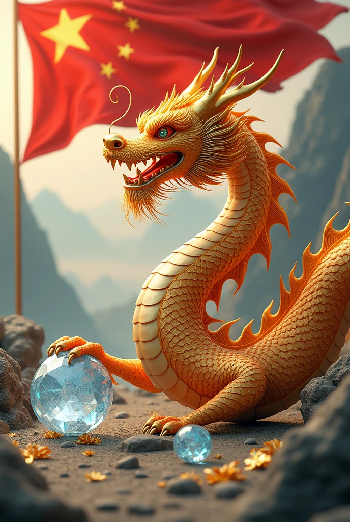 Chinese style golden dragon,Dragon on the ground,see diamond crystal,golden chain,,background chinese style,Mountains and rivers,dragon huge,background flag waving,The flag writes the letters NT