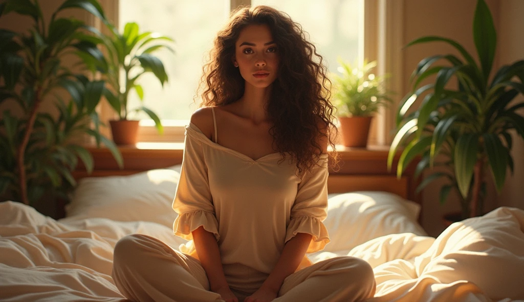 (photorealism:1.2), beautiful woman, sitting on bed, wearing loose off-shoulder top, pajama pants, long curly hair, indoors, soft lighting, plants in background, window with sunlight, cozy room, relaxed pose, realistic, intricate details, warm colors, by Greg Rutkowski, by Alphonse Mucha