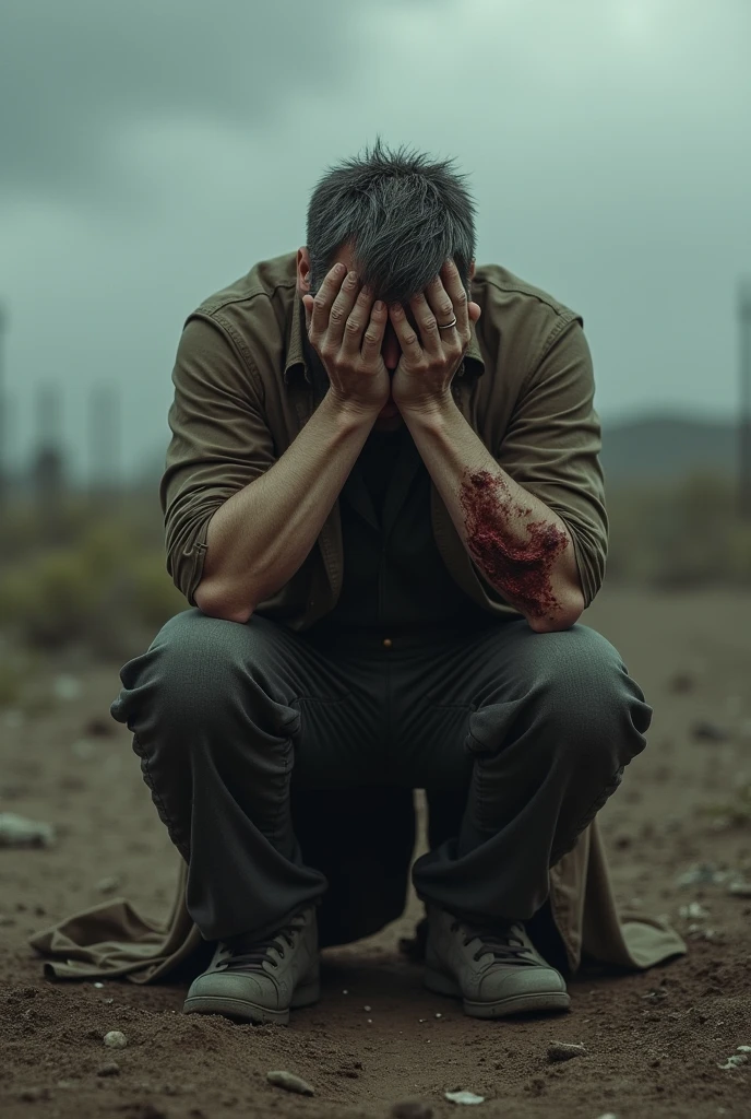 full body of a man kneeling his both knees on the ground crying while covering his face and his hands were full of wounds and blood and his clothes were old and dirty.
