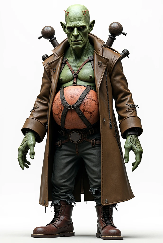 drawning, bright coloured, Frankenstein&#39;s monster, Van Helsing movie style, baldie, square forehead, greenish wrinkled skin, wearing a brown overcoat with torn sleeves, ripped black pants, boots with iron piece details, rusty iron parts throughout the body, two for rays adapted to the column, glass exposing two hearts on the belly, suture marks on forehead and arms, white background, fully body 
