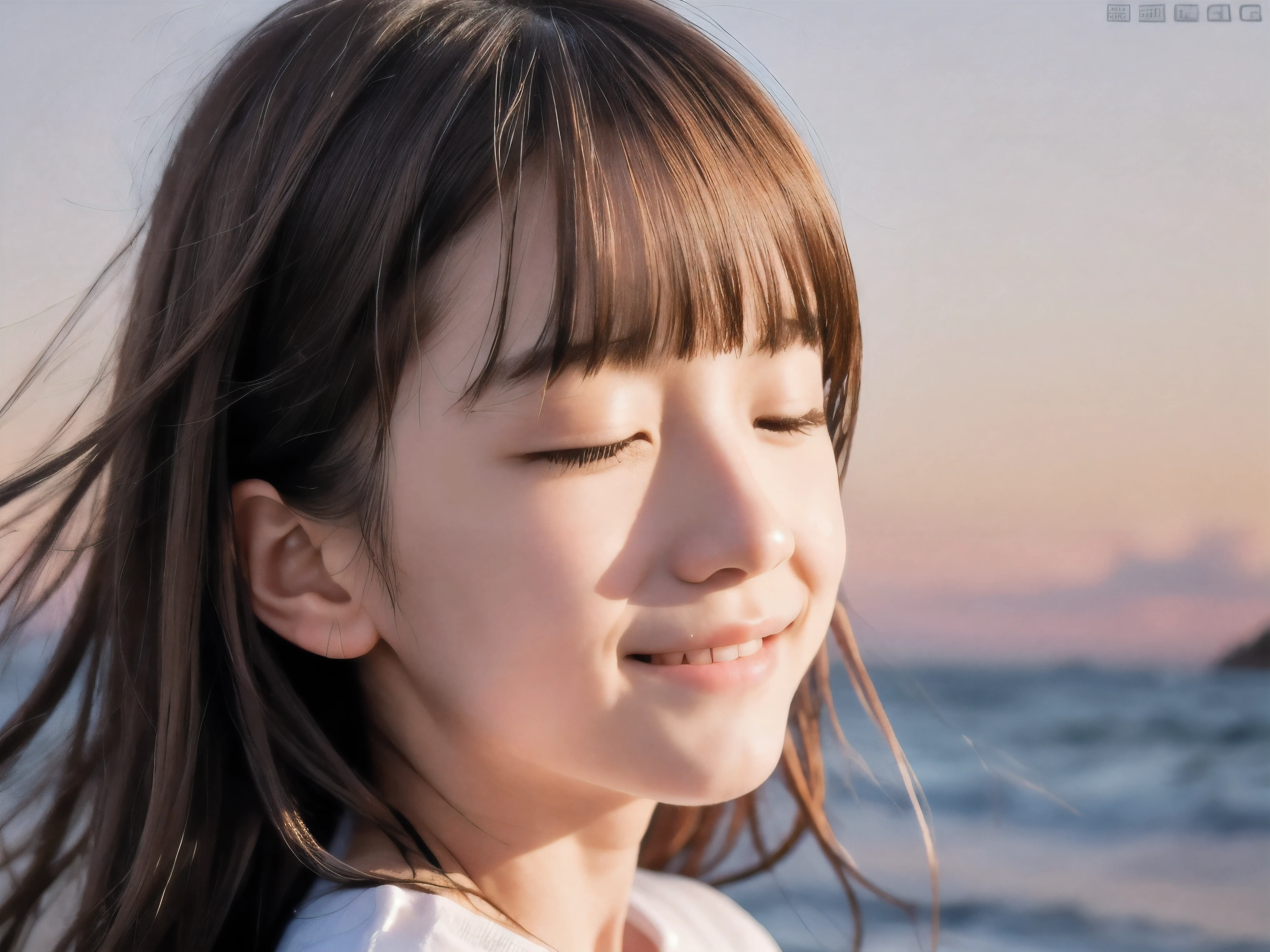 (Close up face shot of slender small-breasted red brown wavy long hair with dull bangs girl wearing a white T-shirt only:1.5)、(One girl is looking back and small smile with closed eyes on the coast in Japan:1.5)、(Beautiful after sunset red sky with big red cloud:1.5)、(blurred background:1.5)、(Natural light:1.5)、(8k ultra detailed master piece:1.5)、(perfect anatomy:1.5)、(Photorealistic stick:1.5)、(Raw photo:1.3)、(highest quality:1.5)、(High resolution:1.3)、(Delicate and beautiful perfect face:1.3)、(Delicate and beautiful eye air skin:1.3)、(Real Human Skin:1.3)、((thin legs))