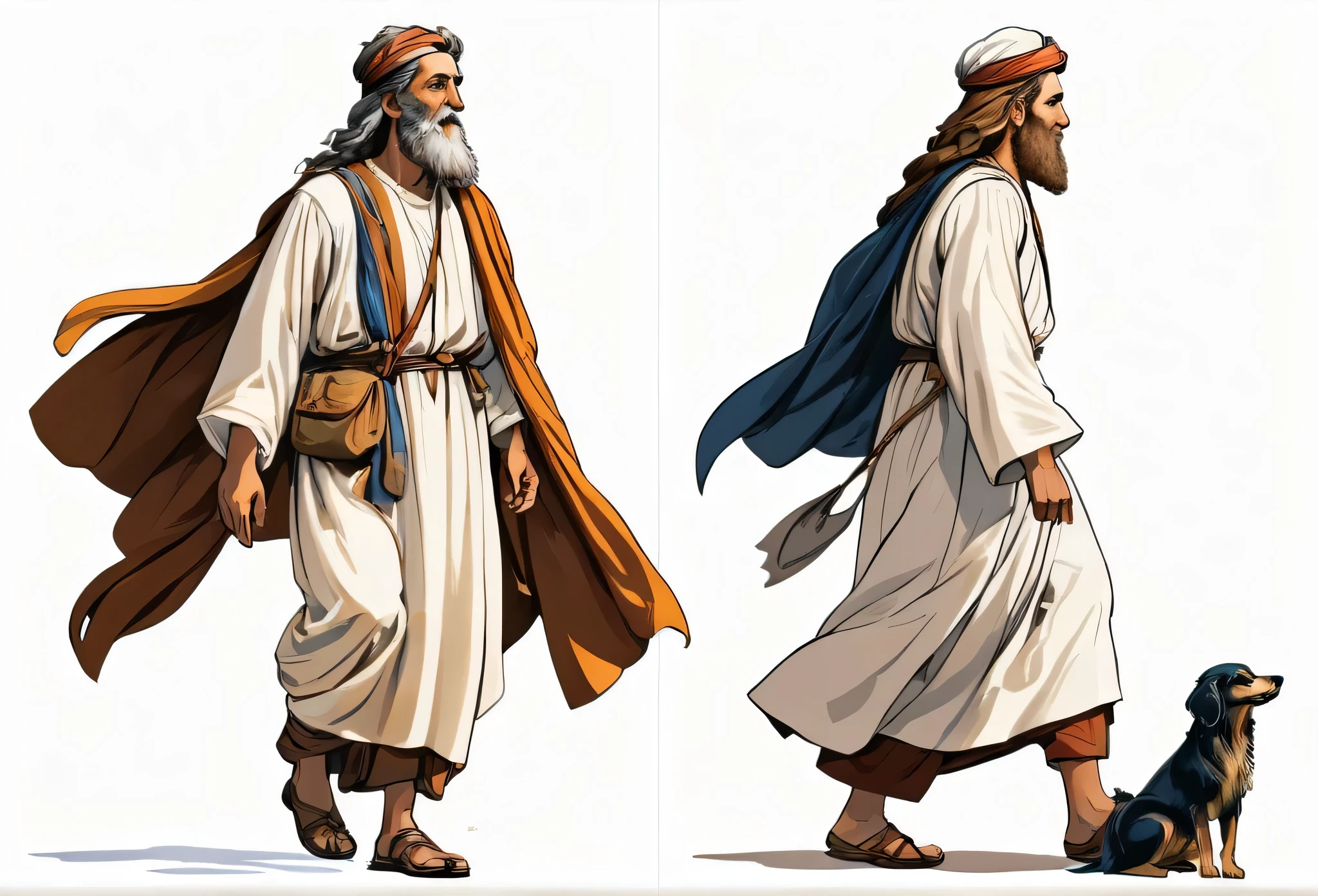  bible story, Abraham walking, character design. Front view and side view. White background 
 (masterpiece best quality:1.2) delicate illustration ultra-detailed, illustrations, bright, colourful, 