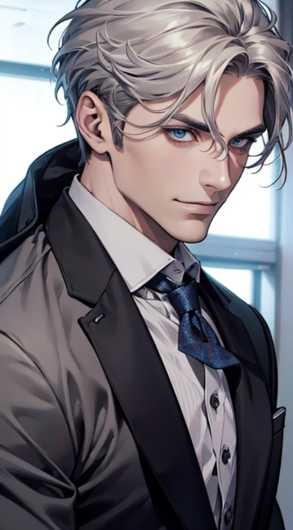 (best quality,4k,8k,highres,masterpiece:1.2),ultra-detailed,(realistic,photorealistic,photo-realistic:1.37),1 man,31 years old,mature man,very handsome,without expression,smile,short grey white hair,blue eyes,penetrating gaze,perfect face without errors,imposing posture,businessman,office background,cinematic lighting,hdr image