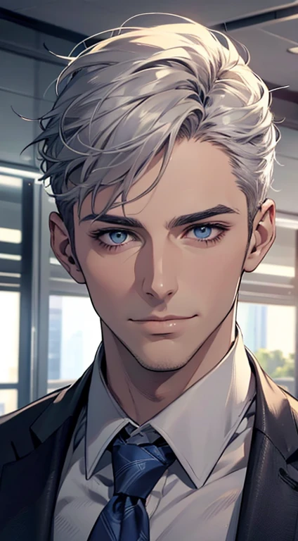 (best quality,4k,8k,highres,masterpiece:1.2),ultra-detailed,(realistic,photorealistic,photo-realistic:1.37),1 man,31 years old,mature man,very handsome,without expression,smile,short grey white hair,blue eyes,penetrating gaze,perfect face without errors,imposing posture,businessman,office background,cinematic lighting,hdr image