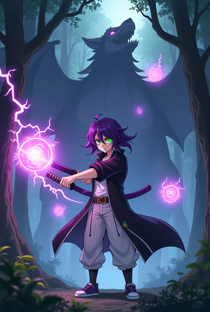 In an anime-style scene set in a dense, mystical forest, a Genshin Impact-inspired character stands tall at 187 cm. He has average but distinct features with purple hair styled in a mullet haircut, green eyes, and a soft but fierce expression. His left eye is flaring with a green glow. He is dressed in a black overcoat, white pants, and a white T-shirt. The character is shown in a full-body, dynamic pose, swinging a katana sword with his left hand. The katana is enveloped in crackling purple lightning. Behind him, three glowing purple mana circles with lightning energy hover, displaying his magical power.In the background, a large, menacing dragon emerges from the shadows, setting an intense battle atmosphere in the wooded scenery. Also he has glowing eyes of color violet in his left eye
