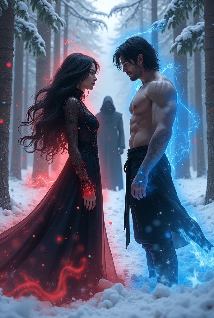 women, long wavy black hair, blue eyes, full lips, black high neck dress, Red energy coming out of it, in a snowy pine forest, man in suit, muscular, medium wavy black hair, blue eyes, with black energy coming out of it, In the background, a hooded man with his face covered, dressed in black