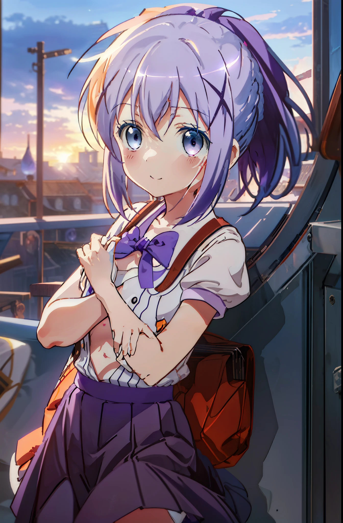 Chino Kafuu, short hair, pointed ears, orange hair, ponytail,(violet eyes:1.5), (small breasts:1.5), happy smile, smile, open your mouth,sailor suit,blue pleated skirt,white socks,brown loafers,evening,sunset,下校中
break looking at viewer, Upper body, full body,
BREAK outdoors, In town,building street,
BREAK (masterpiece:1.2), highest quality, High resolution, unity 8k wallpaper, (figure:0.8), (detailed and beautiful eyes:1.6), highly detailed face, perfect lighting, Very detailed CG, (perfect hands, perfect anatomy),