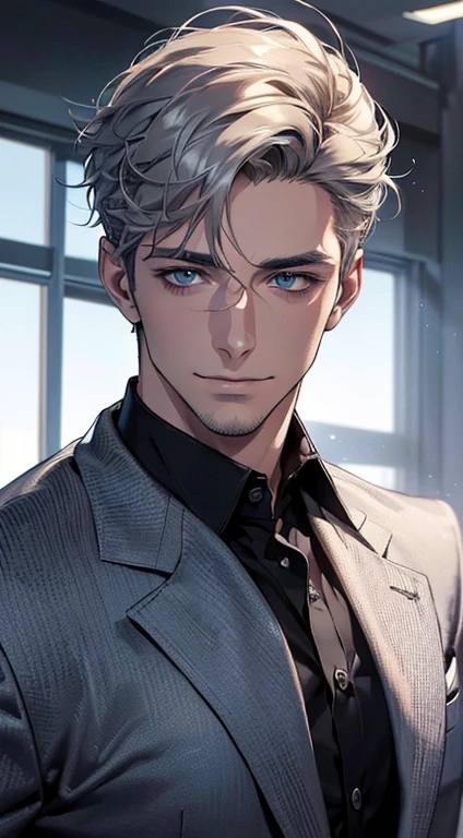 (best quality,4k,8k,highres,masterpiece:1.2),ultra-detailed,(realistic,photorealistic,photo-realistic:1.37),1 man,31 years old,mature man,very handsome,without expression,smile,short grey hair,blue eyes,penetrating gaze,perfect face without errors,imposing posture,businessman,office background,cinematic lighting,hdr image