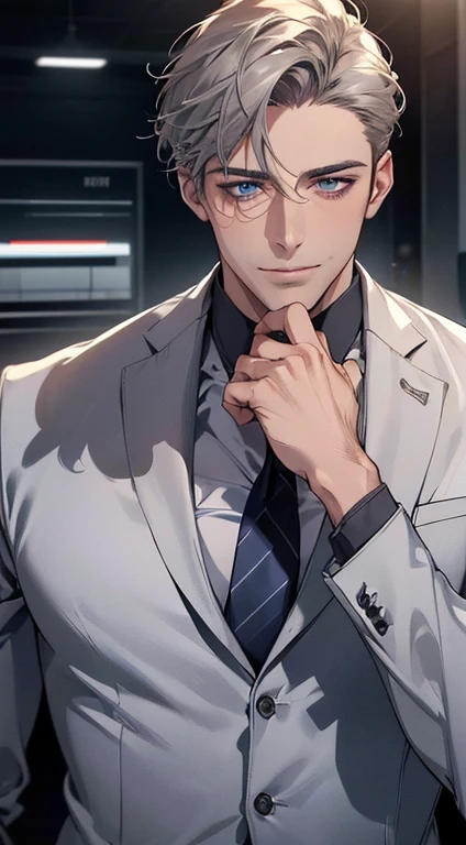 (best quality,4k,8k,highres,masterpiece:1.2),ultra-detailed,(realistic,photorealistic,photo-realistic:1.37),1 man,31 years old,mature man,very handsome,without expression,smile,short grey hair,blue eyes,penetrating gaze,perfect face without errors,imposing posture,businessman,office background,cinematic lighting,hdr image
