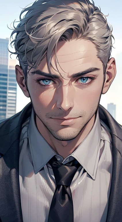 (best quality,4k,8k,highres,masterpiece:1.2),ultra-detailed,(realistic,photorealistic,photo-realistic:1.37),1 man,31 years old,mature man,very handsome,without expression,smile,short grey hair,blue eyes,penetrating gaze,perfect face without errors,imposing posture,businessman,office background,cinematic lighting,hdr image