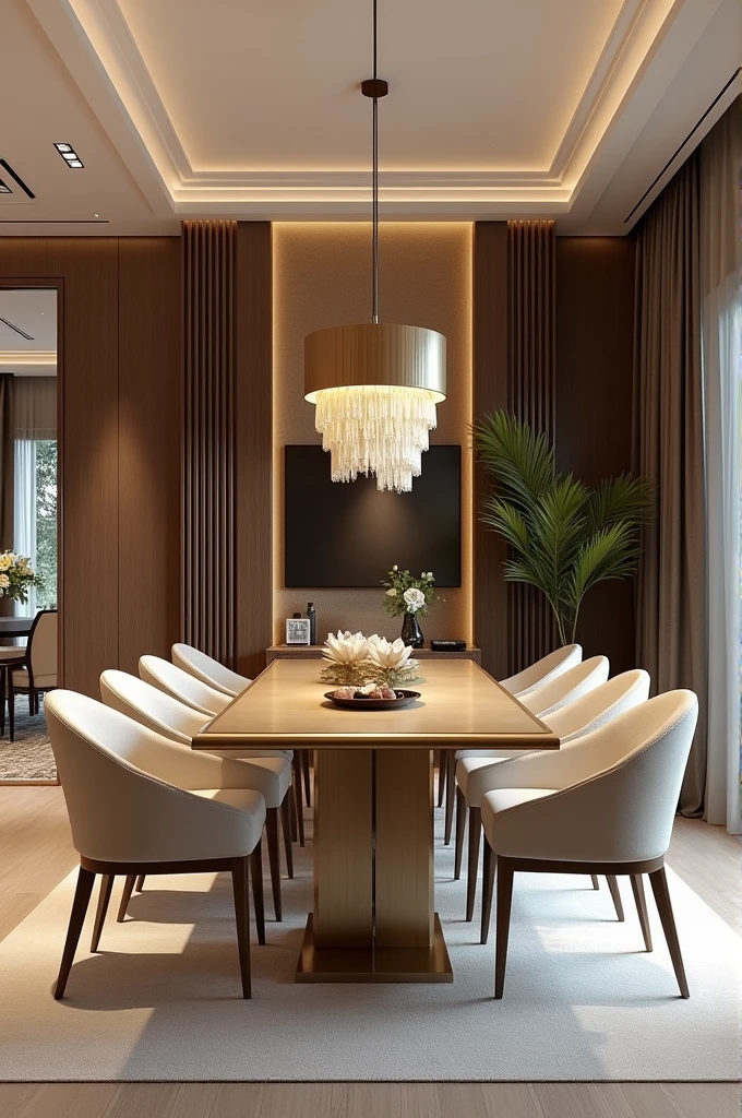 Professional 3d architecture rendering design of modern and French design for living room and dining room with  elegant wooden with gold dining table and eight  elegant French chairs 
