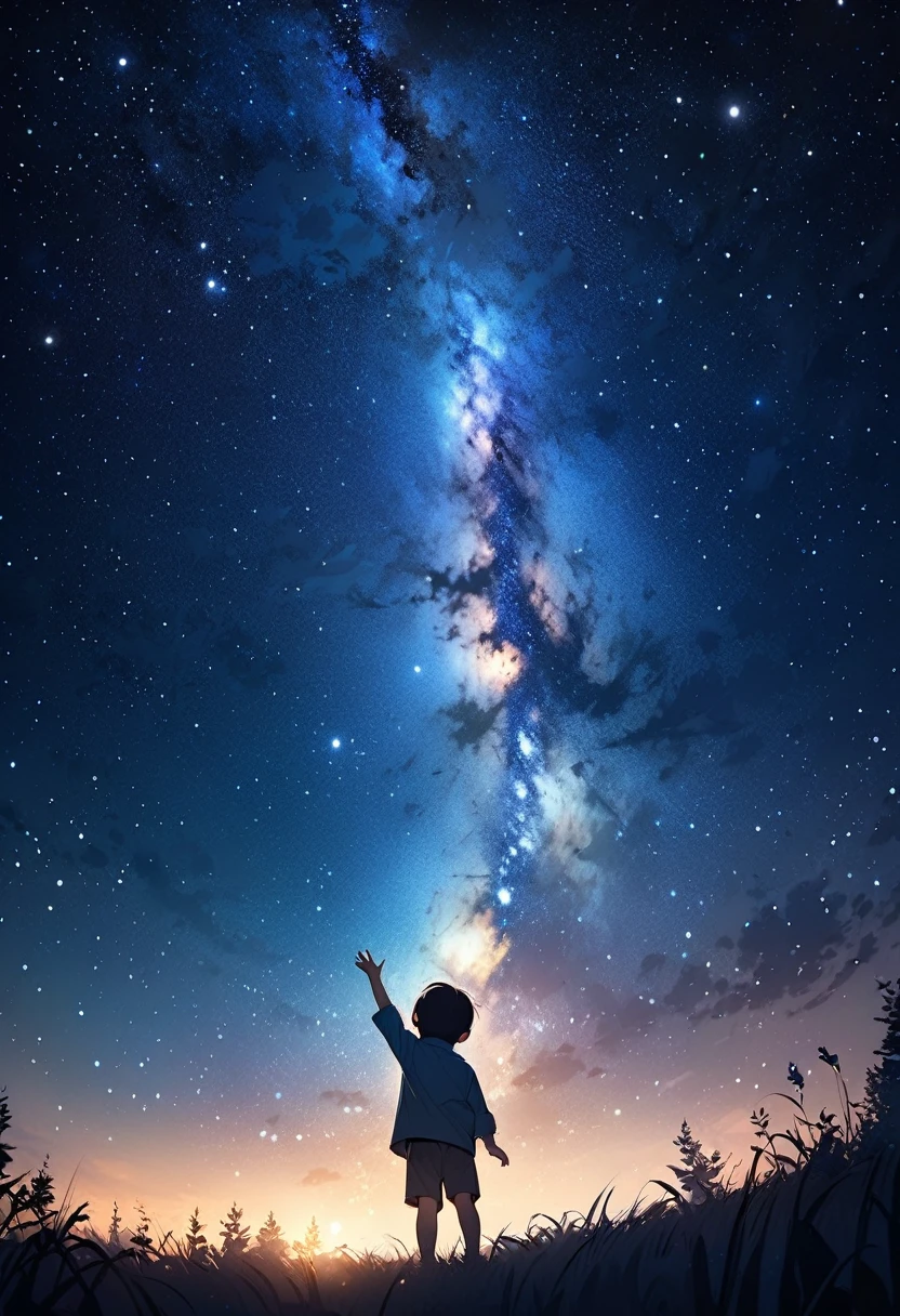 Beautiful image of a child raising his hand to the sky trying to reach the starry sky on a beautiful night.