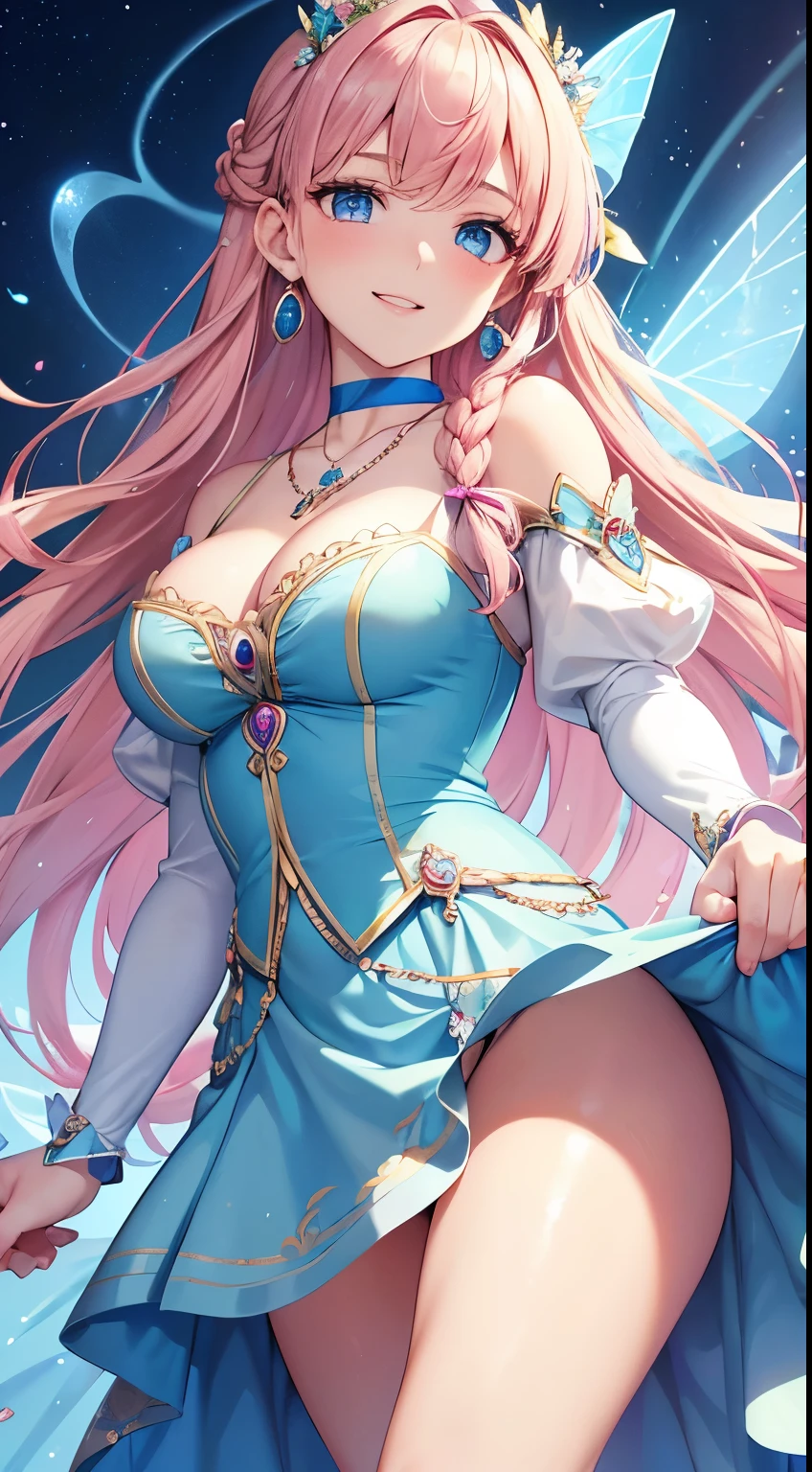 Top quality, masterpiece, (8K resolution), beauty (25 years old), (mature look), golden long hair (side braid), blue eyes, light blue clothes with detailed embroidery, (little fairy), large cleavage, smiling, necklace, earrings, dynamic pose, pink choker, woman hunter, holding a bow, with two bluish translucent bears in the background.