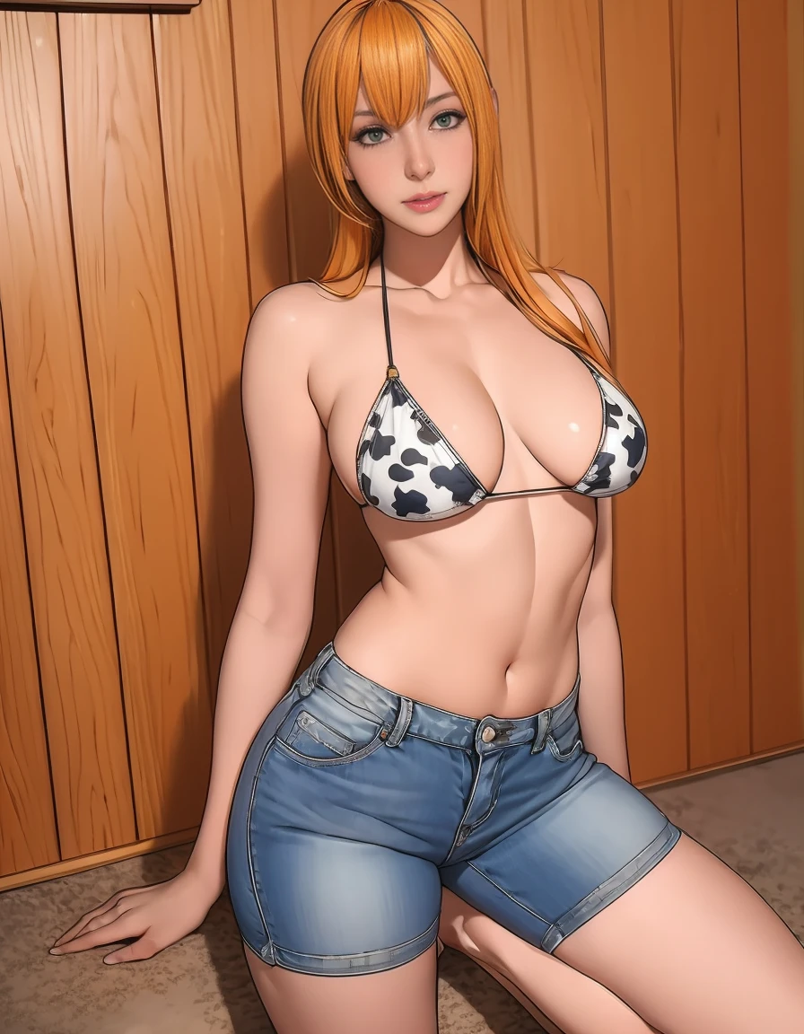 (masterpiece, Highest quality),Browsing Caution,Cartoon photo of a woman in a bikini top and jeans, Anime Drawings, Self-sastructing art, Enchanting anime girl, Nami One Piece:1.7, Biomechanical , Nami from One Piece:1.9, 3DCG, I also make fan art, Top rated on pixiv,{{{{{Cow print ultra micro bikini top:1.9}}}}},{{{{{Puffy nipples:1.9}}}}},{{{{{Ultra Low Rise Jeans:1.8}}}}},A look of shame:1.7,nami \(one piece\), no jeans:1.5,
