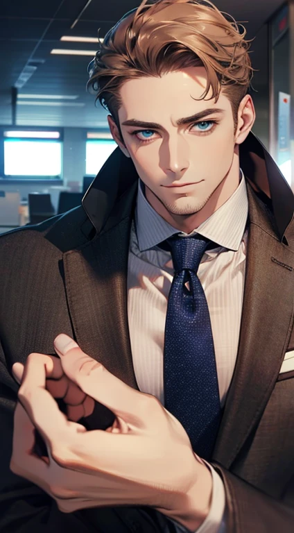 (best quality,4k,8k,highres,masterpiece:1.2),ultra-detailed,(realistic,photorealistic,photo-realistic:1.37),1 man,31 years old,mature man,very handsome,without expression,smile,short grey brown hair,blue eyes,penetrating gaze,perfect face without errors,imposing posture,businessman,office background,cinematic lighting,hdr image