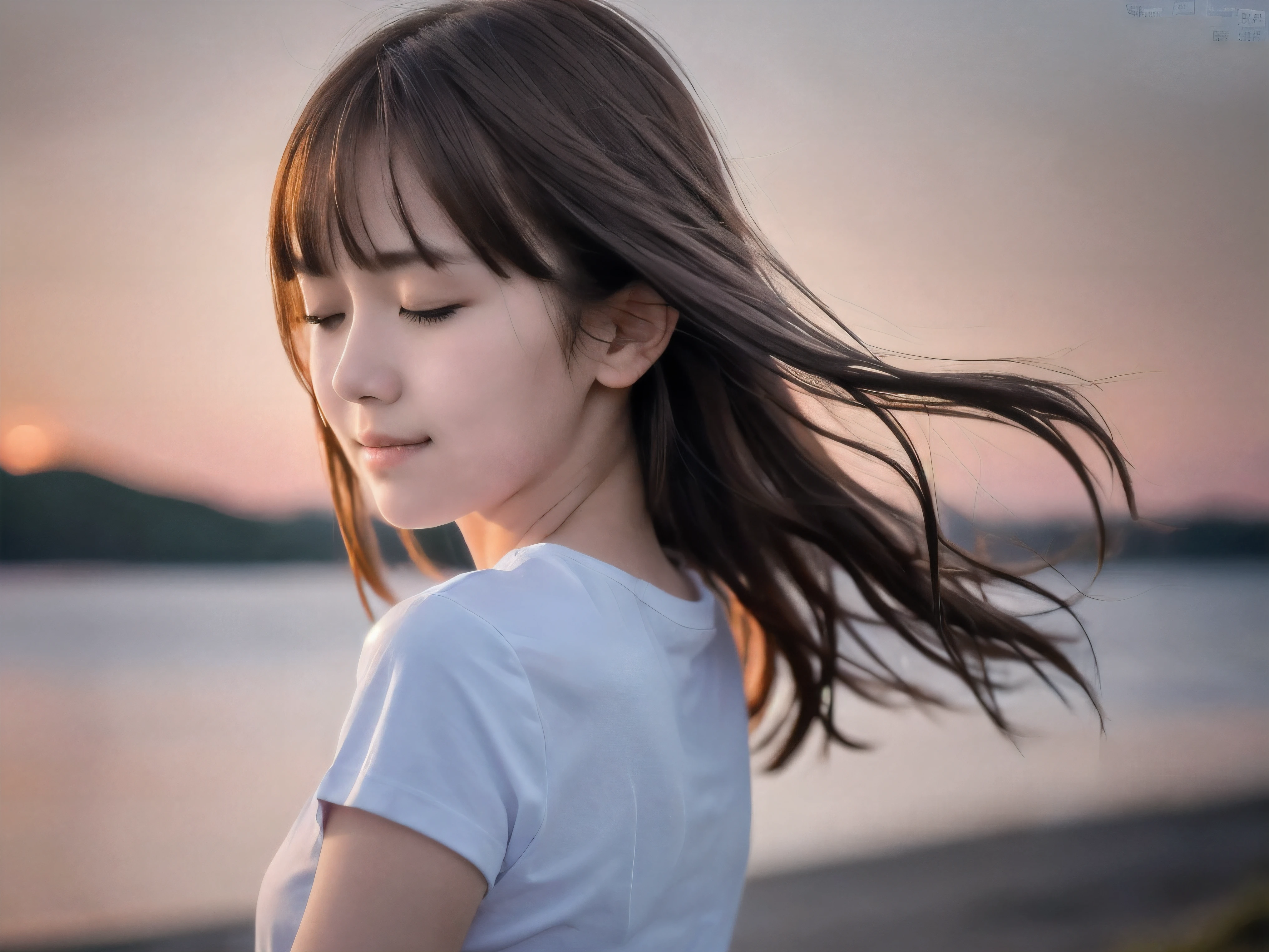 (Close up face shot of slender small-breasted red brown wavy long hair with dull bangs girl wearing a white T-shirt only:1.5)、(One girl is looking back and small smile with closed eyes on the coast in Japan:1.5)、(Beautiful after sunset red sky with big red cloud:1.5)、(blurred background:1.5)、(Natural light:1.5)、(8k ultra detailed master piece:1.5)、(perfect anatomy:1.5)、(Photorealistic stick:1.5)、(Raw photo:1.3)、(highest quality:1.5)、(High resolution:1.3)、(Delicate and beautiful perfect face:1.3)、(Delicate and beautiful eye air skin:1.3)、(Real Human Skin:1.3)、((thin legs))