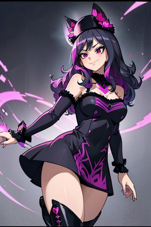 female, black long hair with magenta trim, silver eyes, wolf ears, wolf tail, (((1girl))), (((black and magenta dress))), (black hat with magenta trim), (black thigh high boots), cute and sexy, full body, large breasts, long legs, smiling