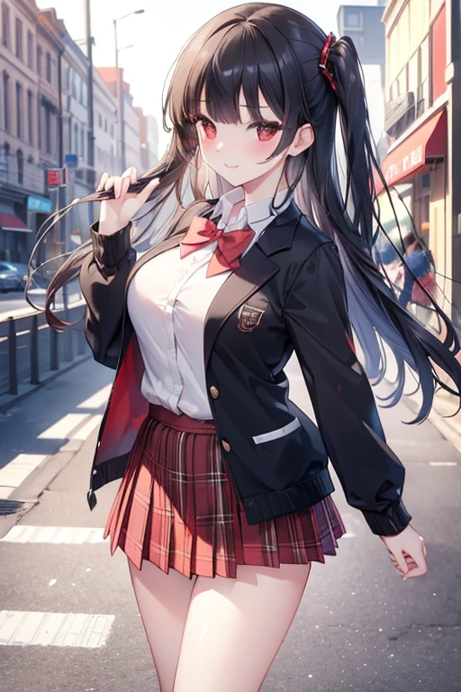 ((masterpiece, best quality, highres, UHD, perfect pixel, depth of field)), (smooth CG, photorealistic:1.1, realistic texture, detailed face), Rio, 1girl, medium breasts, seductive, busty, smile, natural light, cinematic, black hair, long hair, blunt bangs, (red eyes, beautiful pupils), (school uniform, cardigan, red bowtie, plaid skirt, black jacket), street view, dynamic pose, pov, look at viewer, blushing