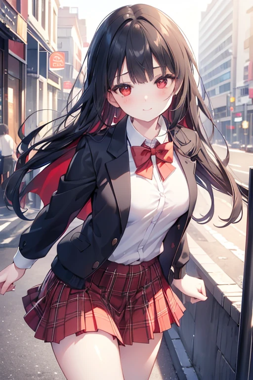 ((masterpiece, best quality, highres, UHD, perfect pixel, depth of field)), (smooth CG, photorealistic:1.1, realistic texture, detailed face), Rio, 1girl, medium breasts, seductive, busty, smile, natural light, cinematic, black hair, long hair, blunt bangs, (red eyes, beautiful pupils), (school uniform, cardigan, red bowtie, plaid skirt, black jacket), street view, dynamic pose, pov, look at viewer, blushing