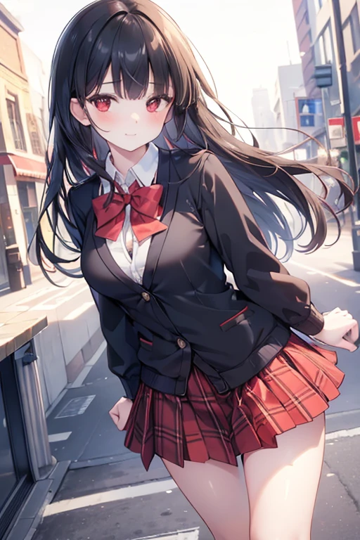 ((masterpiece, best quality, highres, UHD, perfect pixel, depth of field)), (smooth CG, photorealistic:1.1, realistic texture, detailed face), Rio, 1girl, medium breasts, seductive, busty, smile, natural light, cinematic, black hair, long hair, blunt bangs, (red eyes, beautiful pupils), (school uniform, cardigan, red bowtie, plaid skirt, black jacket), street view, dynamic pose, pov, look at viewer, blushing