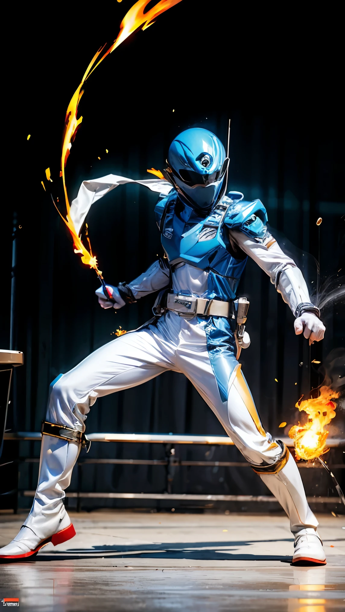 1boy, white, full body, Illustration, cinematic light, high resolution, best quality, ultra detailed, masterpiece, power suit, powerranger, suit, spd, (silver royal guard ranger suit), gold detail, holding white pistol, flowing, light armor,  martial arts, dynamics, flames, particles