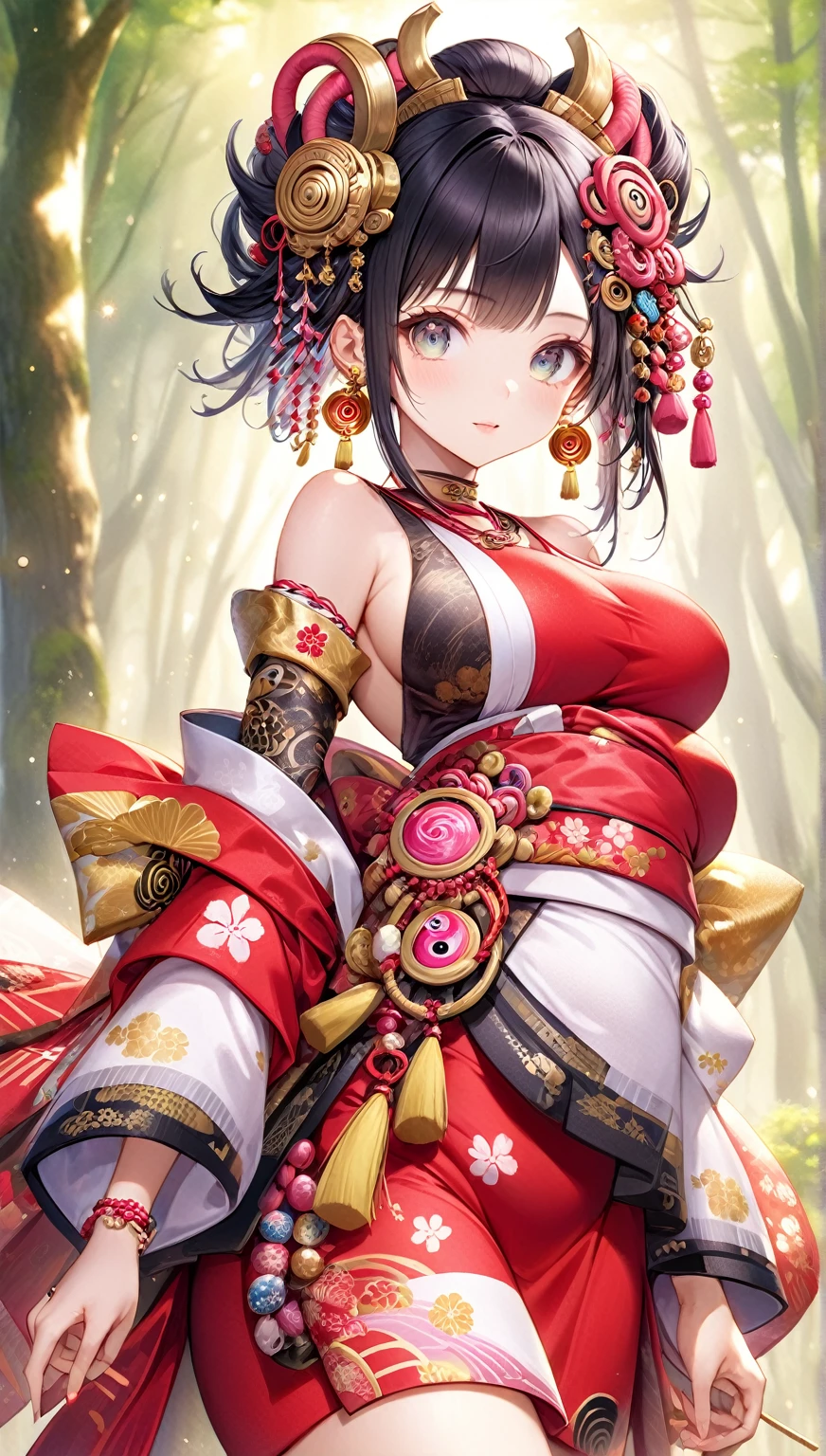 (Highest quality,8k,32K,masterpiece,Ultra-high resolution :1.2 ),born,One girl,Super cute,Natural light,Clear, shining eyes,20-year-old,Fair skin,Fantastic electronic world fantasy background,Black Hair,Oiran,Japan style beauty,Tree Eyes,The gorgeous hair ornaments are shining,The noble necklace shines,The noble earrings are shining,Large Breasts